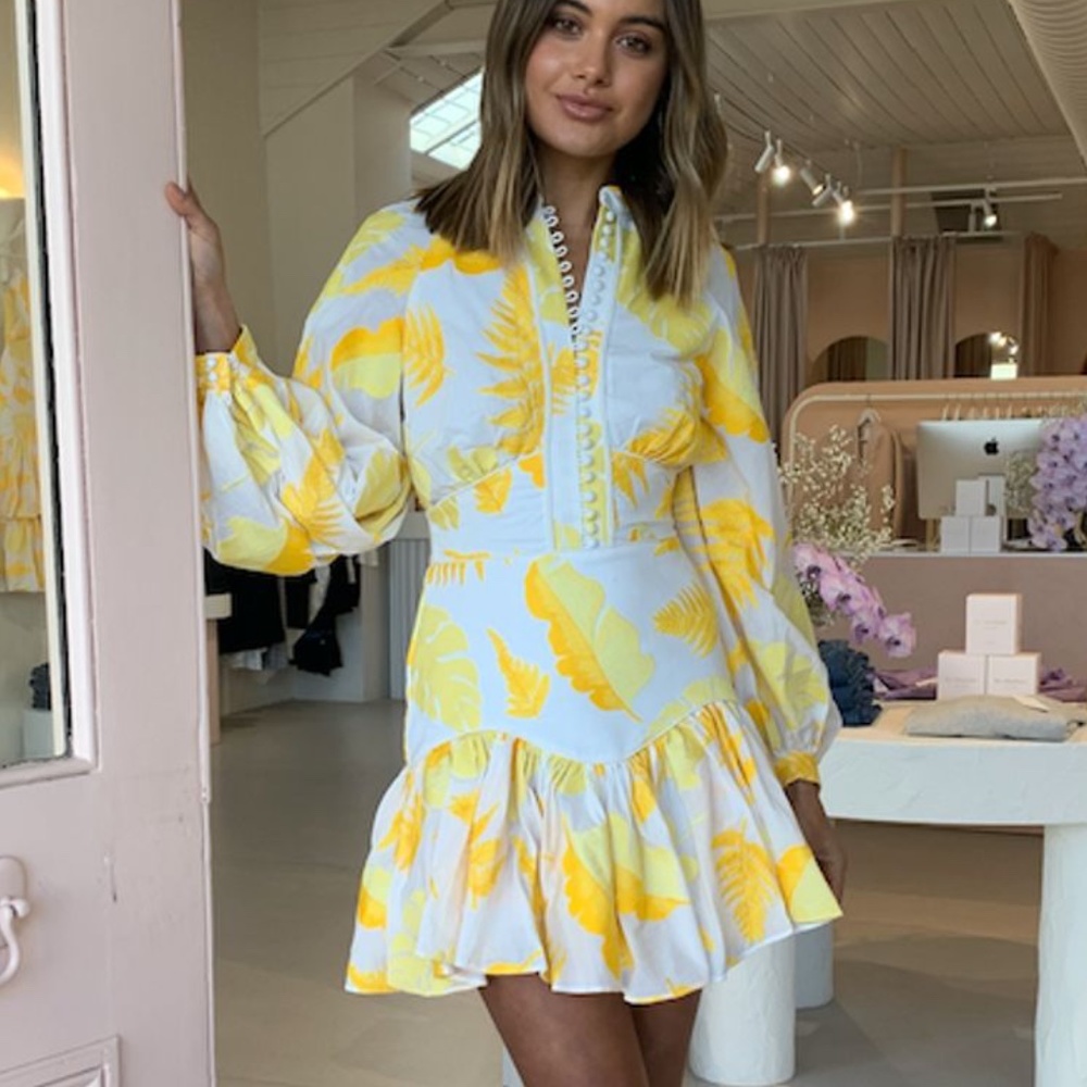 ACLER Leaf Embroidered Bastia Mini Dress Long Sleeves Yellow/White Womens Size 6